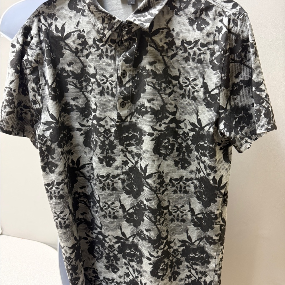 Express Gray and Black Floral Polo Shirt